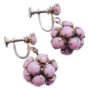 VTG 50s Pink Milk Glass Cluster Earrings Screwback Mid Century Moonglow Style
